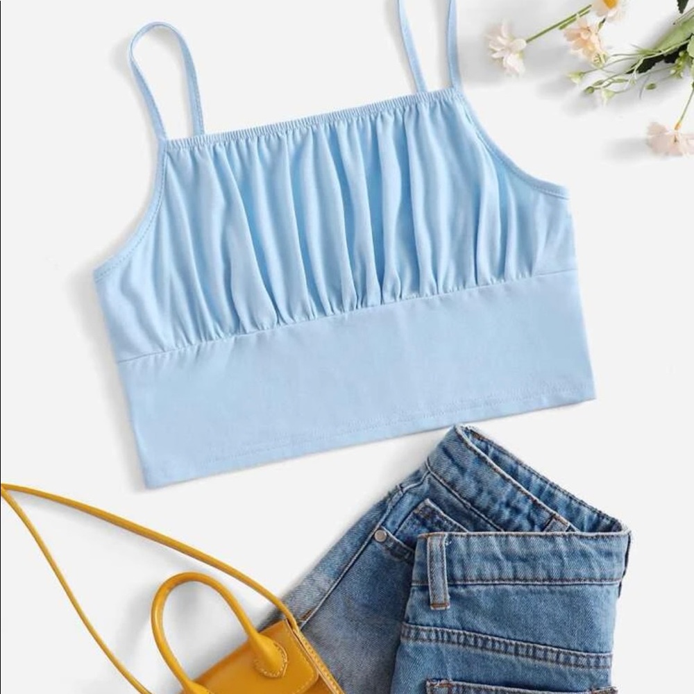 Blue cropped top with detail.